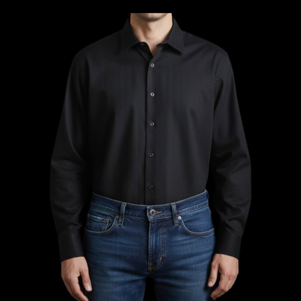 Kenneth Cole Reaction Long Sleeve Black Pin Striped Dress Shirt Size 17.5, 34-35